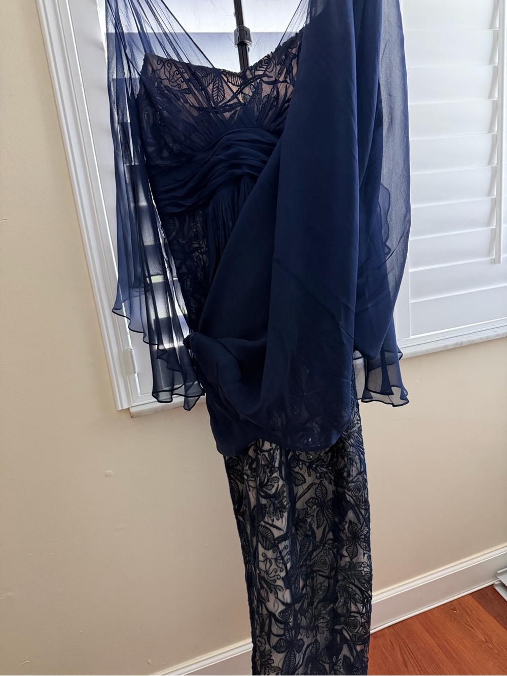 Teri Jon Navy Lace & Chiffon Evening Gown